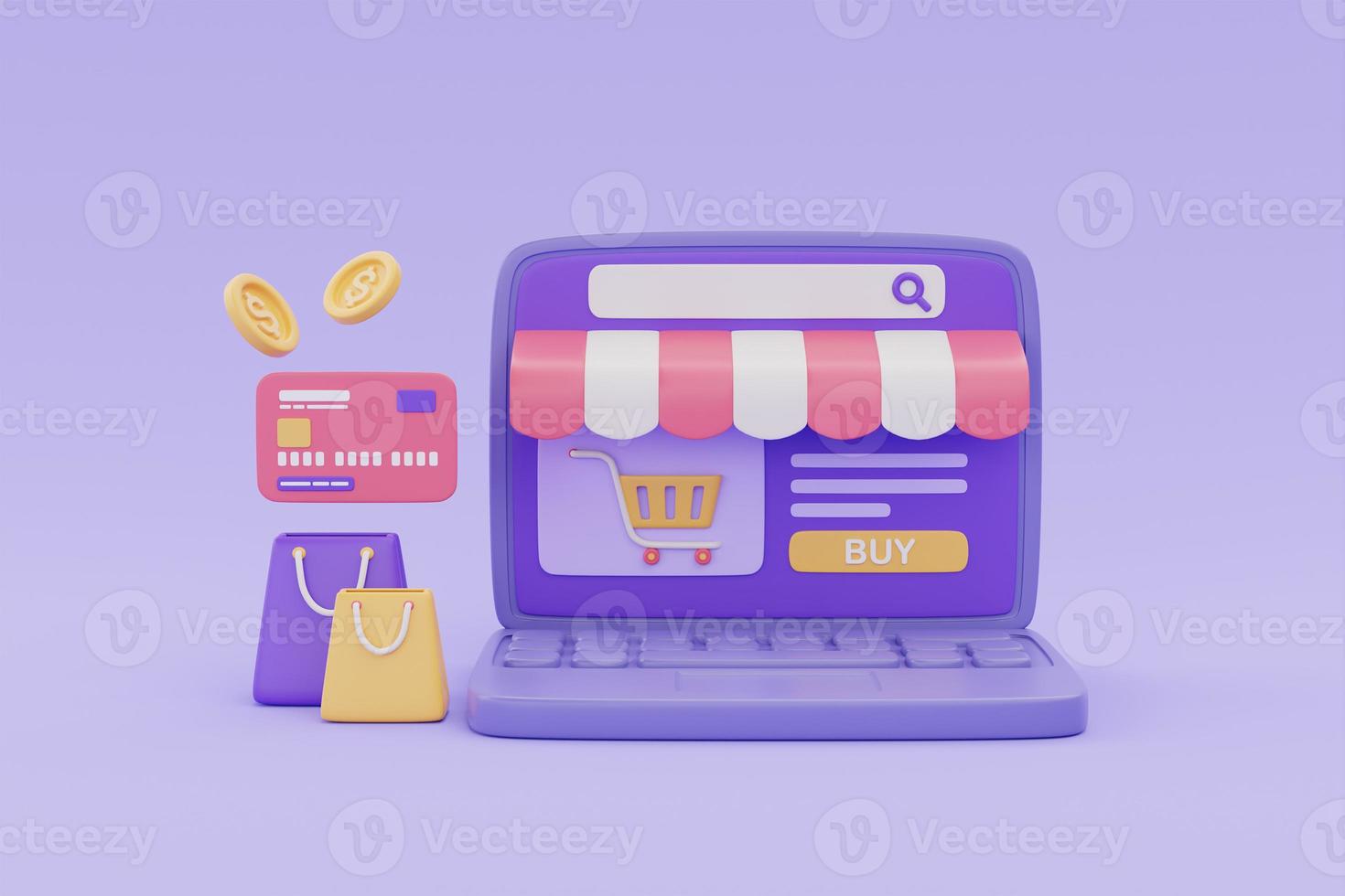 Online shopping store on laptop with shopping bags and credit card, cash back or bonus coin concept, 3d rendering. photo