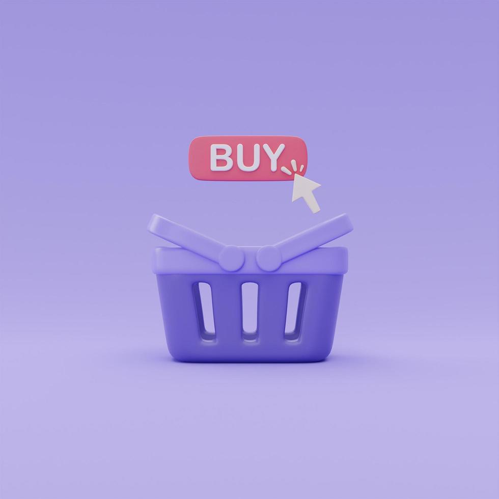 3d shopping basket with click Buy button on purple background, Online shopping concept, 3d rendering. photo
