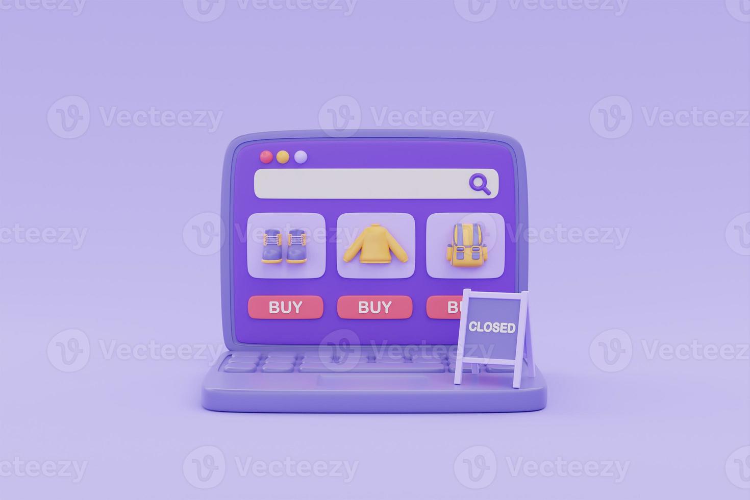 Online shopping store on laptop with CLOSED sign on purple background, digital marketing promotion, 3d rendering. photo