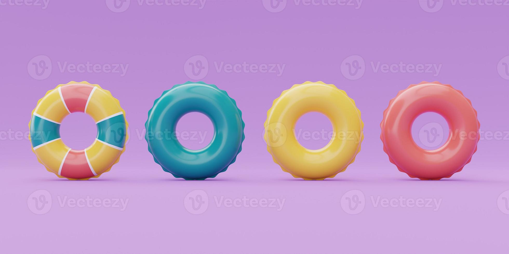 set of colorful summer inflatable ring on purple background, Summer time concept, 3d rendering. photo
