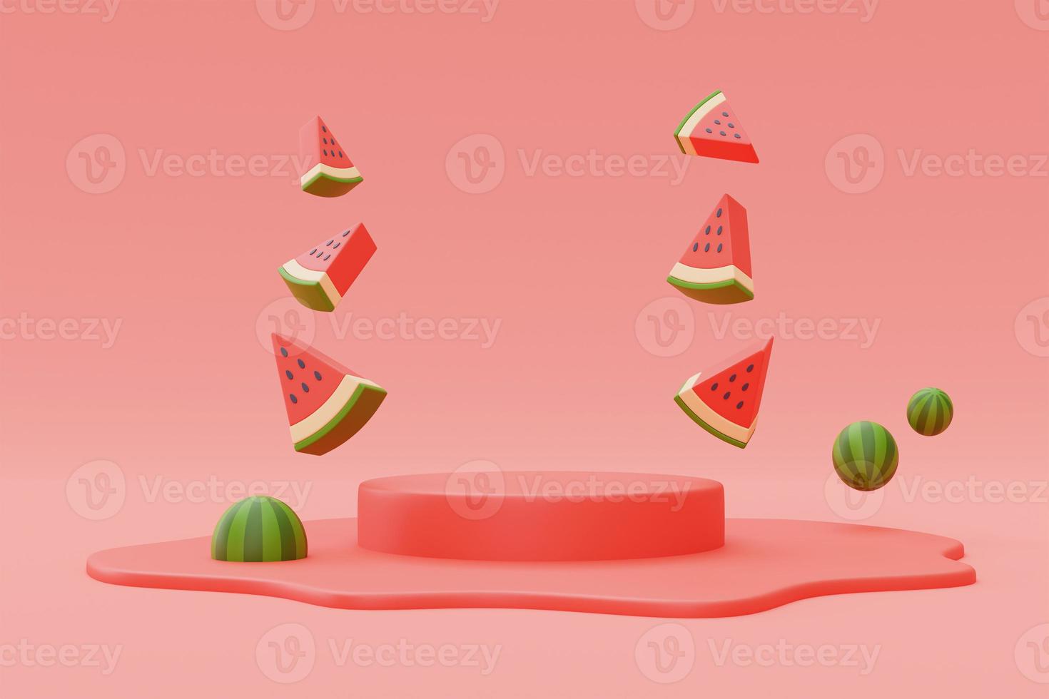 3d rendering of watermelon isolated with podium display on red background,summer vacation concept,summer elements,minimal style.3d render. photo
