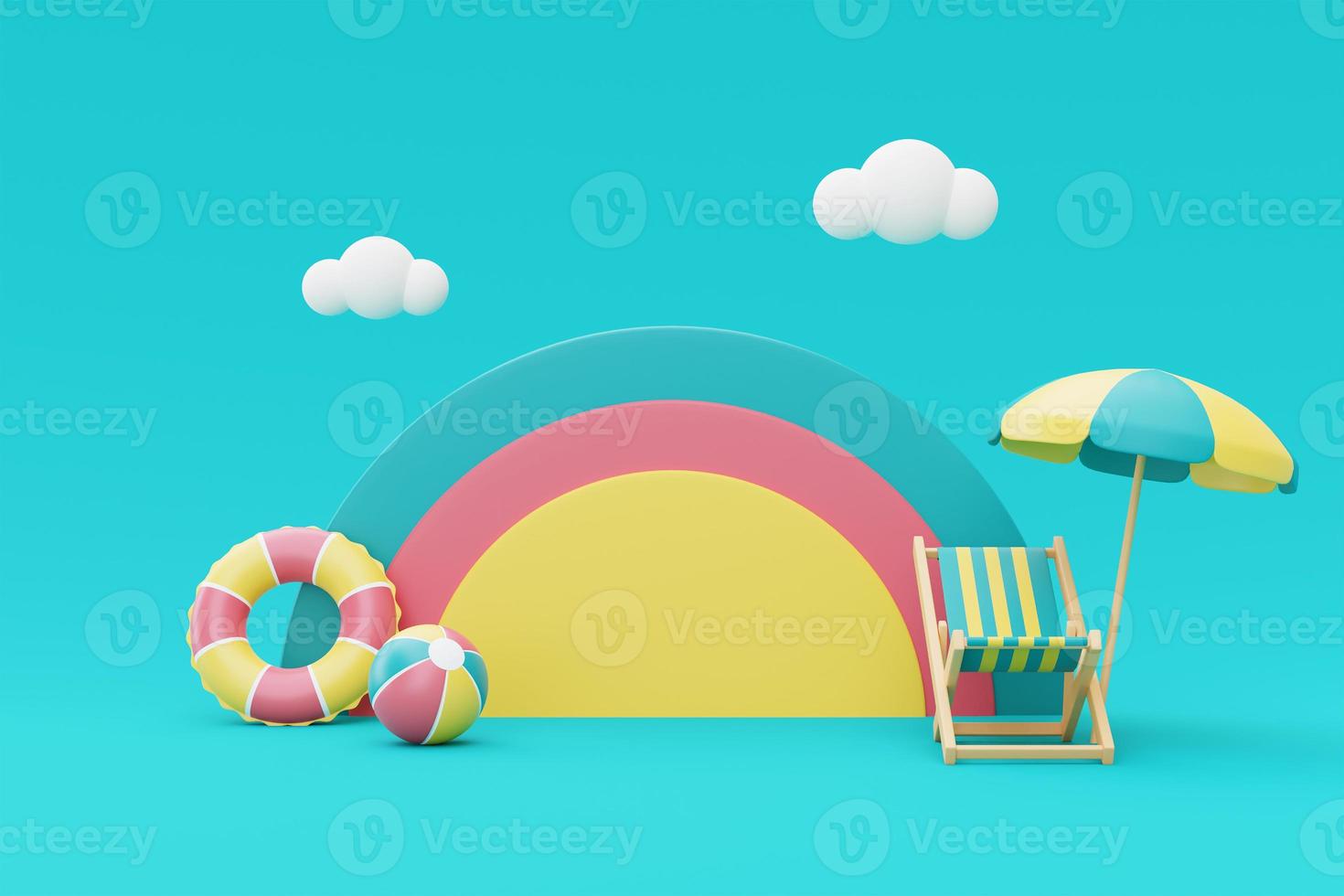 3d rendering of Summer vacation concept,colorfull podium display with summer elements,clouds and rainbow ,minimal style.3d render. photo