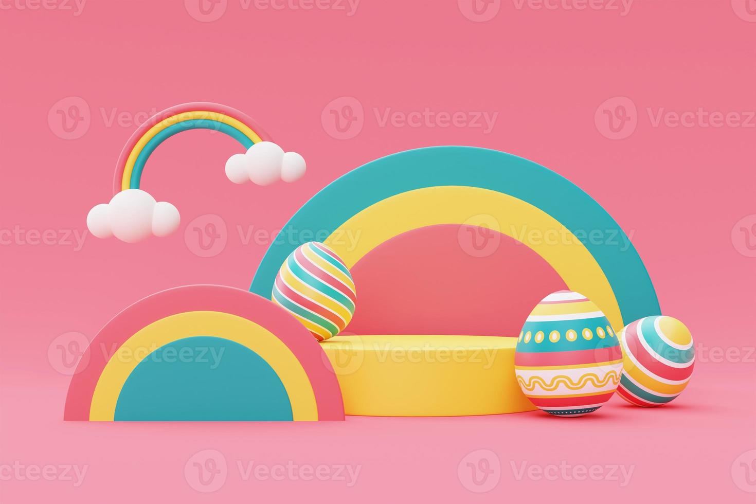 Happy Easter colorful background with easter eggs,International Spring Celebration,minimal style,3d rendering. photo