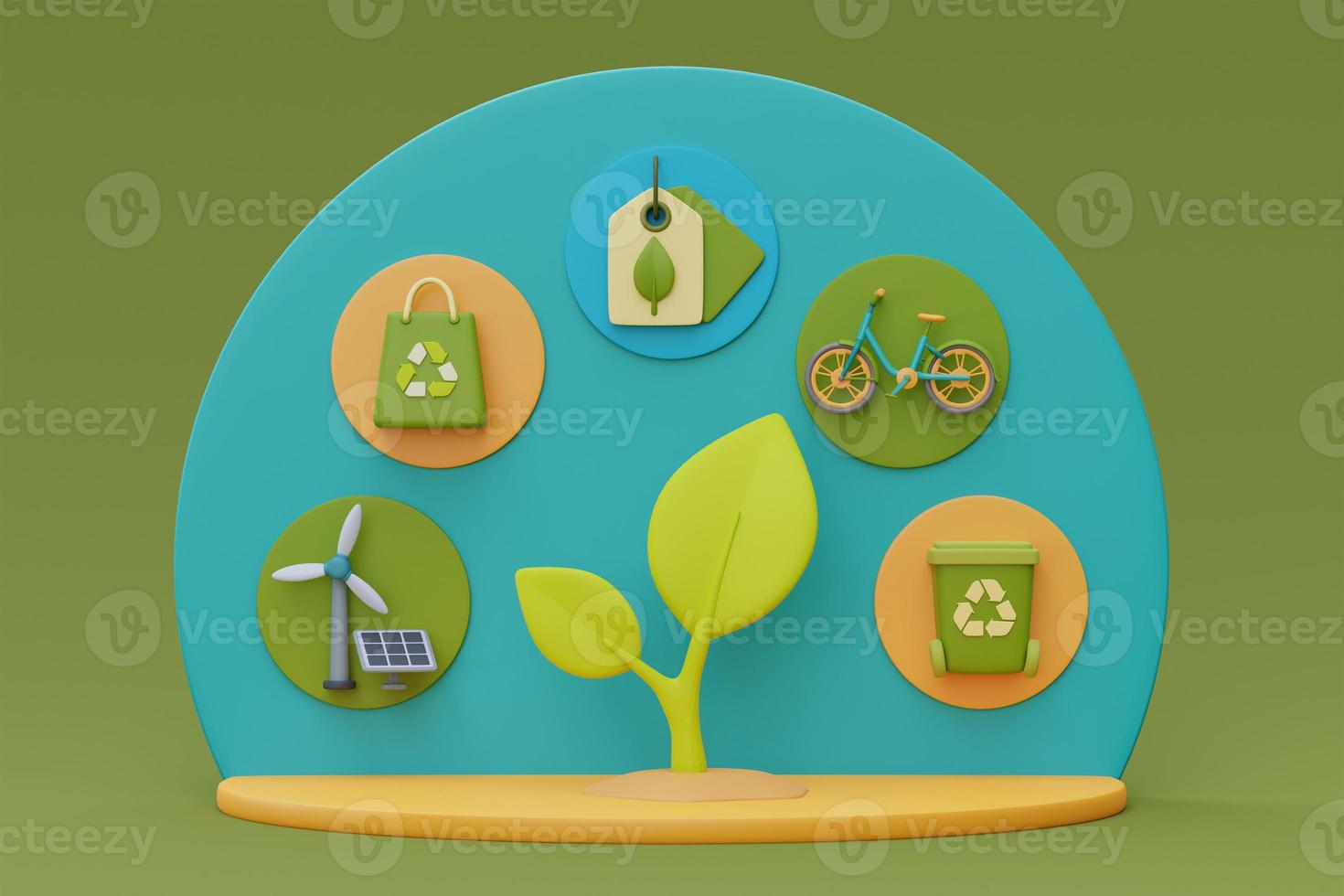 Seedling around by solar panels,wind turbine,recycle bin,bicycle,ecology icons,World environment day,Alternative source of electricity,clean energy,3d rendering. photo