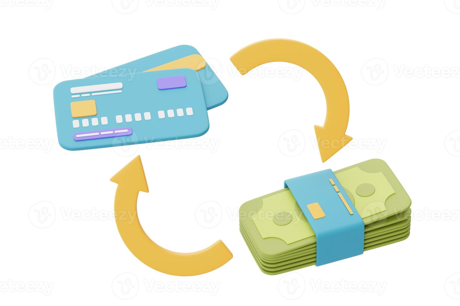 servicio de devolución de efectivo en línea o concepto de pago digital con tarjetas de crédito azules y billetes, representación 3d foto