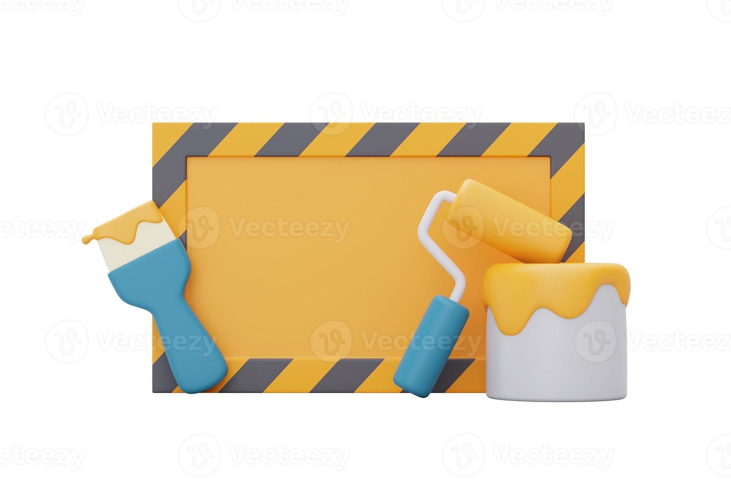 Happy labour day,Under construction sign with sponge roller,paint brush and paint,Construction tools.3d rendering photo