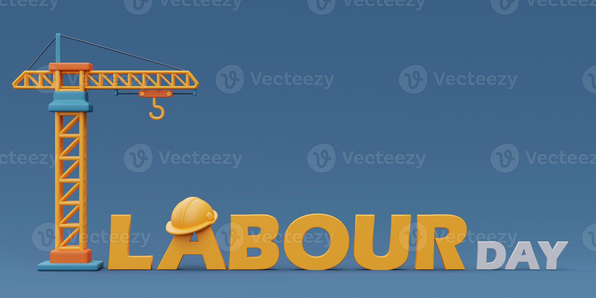 Happy labour day with yellow tower crane on blue background,Construction tools and equipment.3d rendering photo