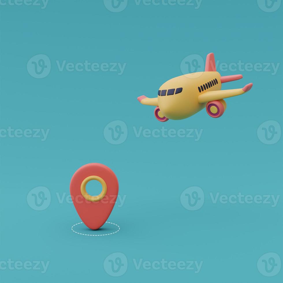 Yellow airplane with  location pin ,Online travel and tourism planning concept,holiday vacation,Ready for travel.3d render. photo