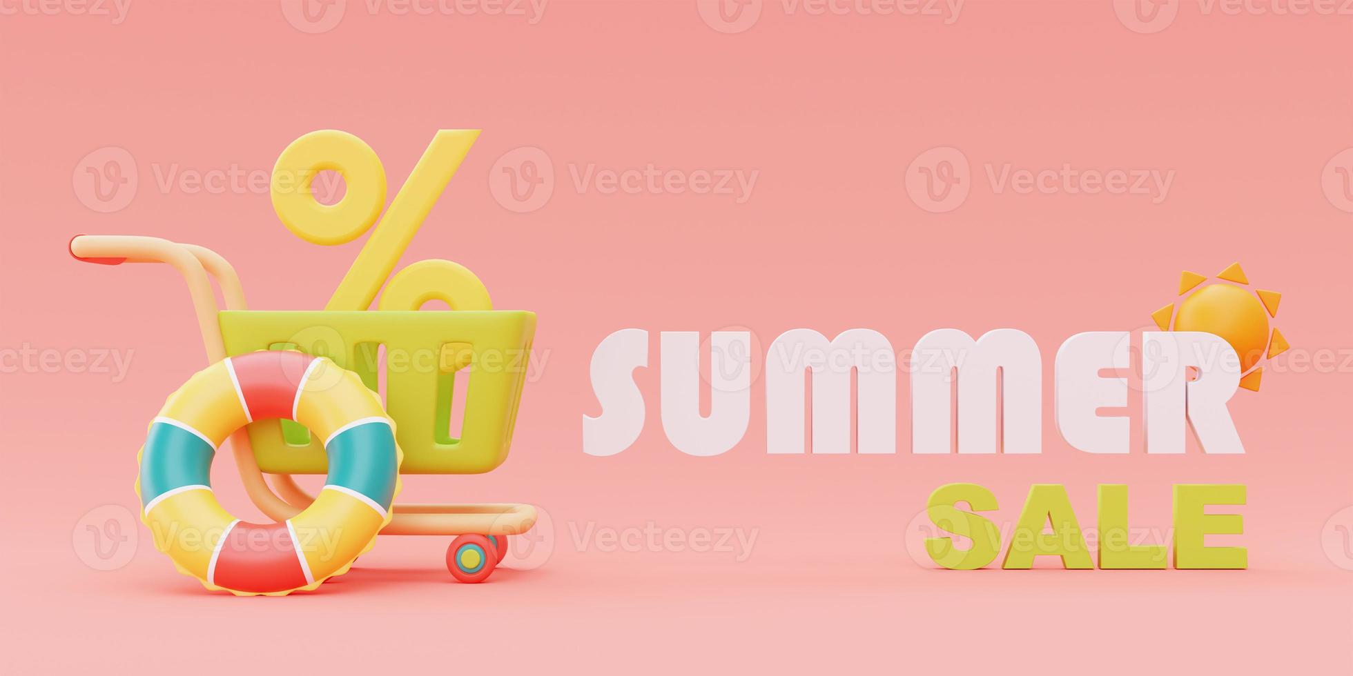 venta de verano con coloridos elementos de playa de verano y carrito de compras, representación 3d. foto