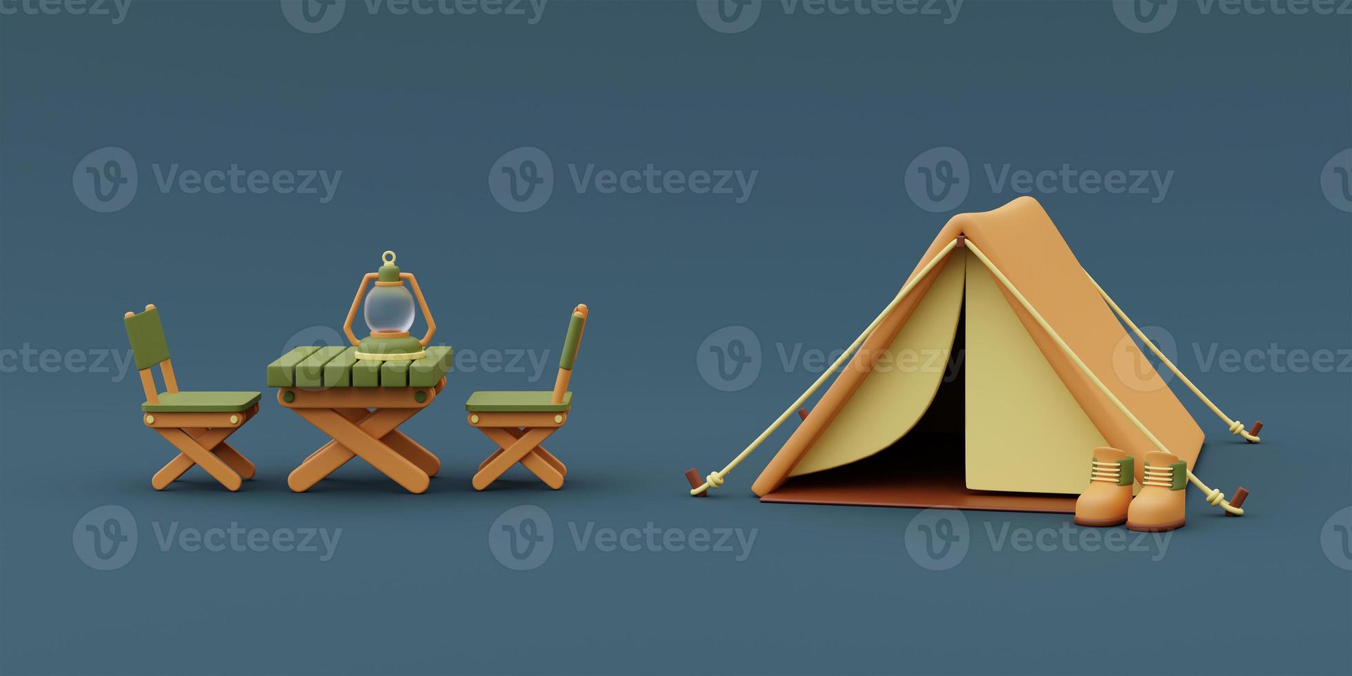 Wooden table with lantern outside tent on camping site,holiday vacation concept.minimal style.3d rendering. photo