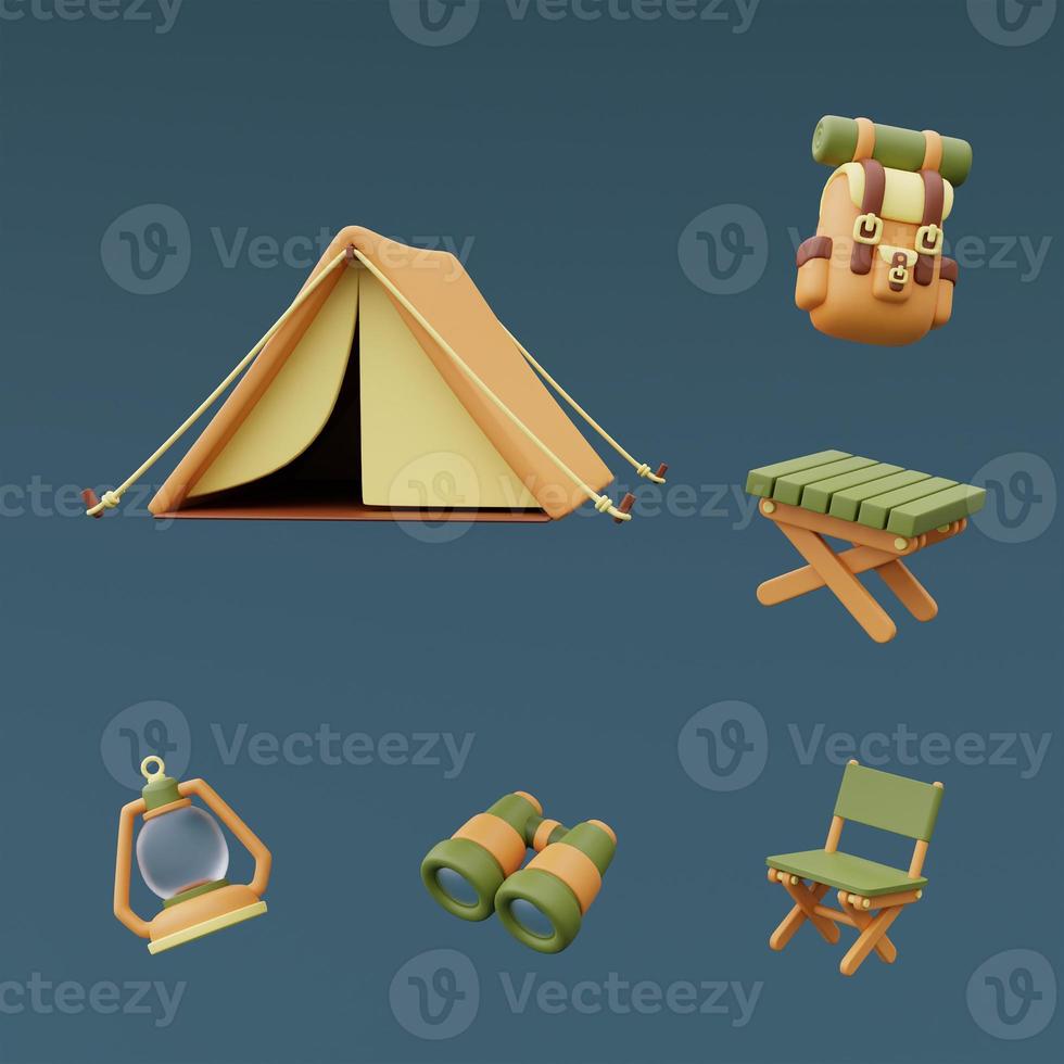 Set of Camping equipment with tourist tent,backpack,lantern,Wooden table,binoculars isolated on blue background,holiday vacation concept.minimal style.3d rendering. photo