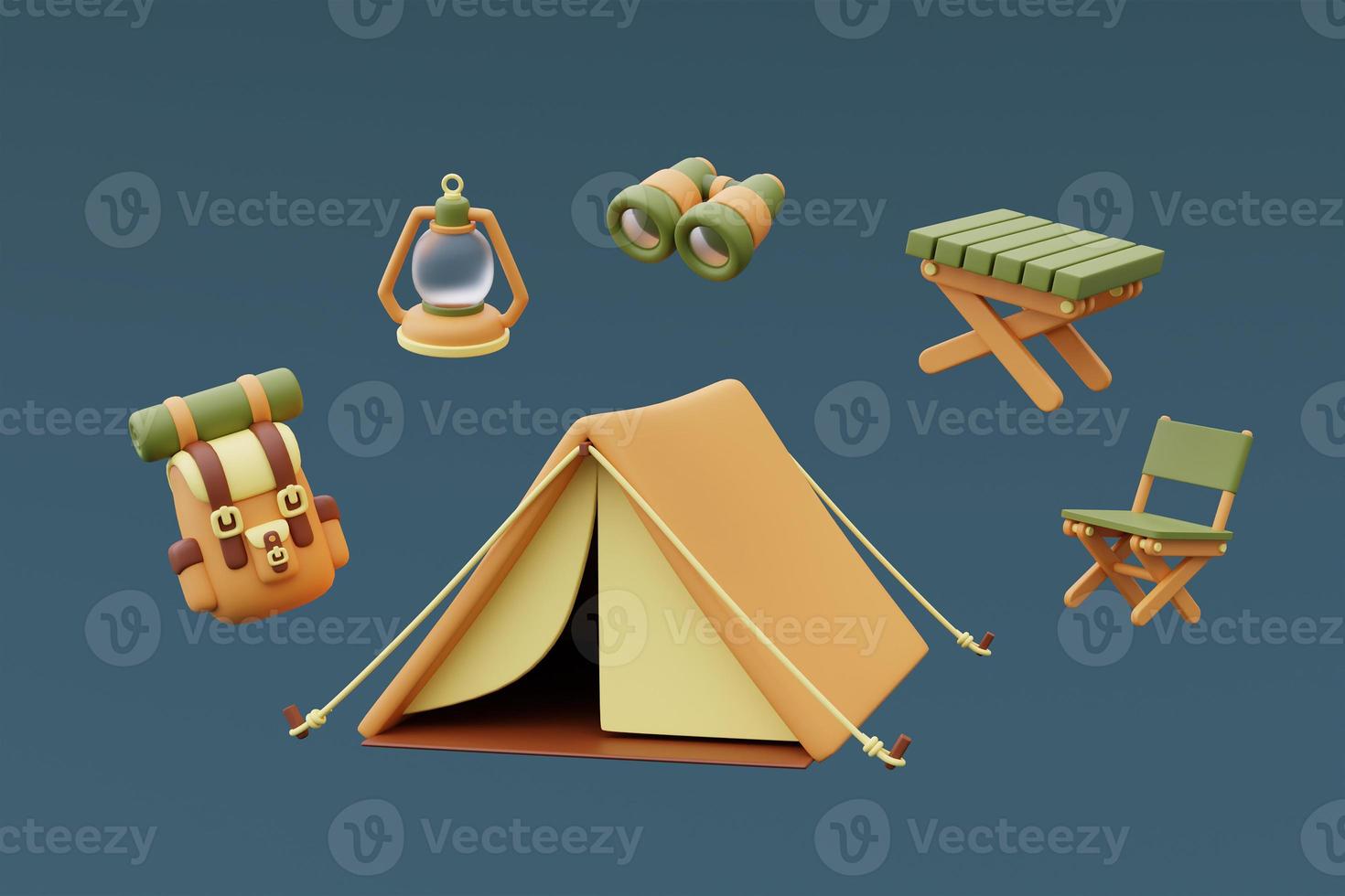 conjunto de equipos de campamento con carpa turística, mochila, linterna, mesa de madera, binoculares aislados sobre fondo azul, concepto de vacaciones. estilo minimalista. Representación 3d. foto