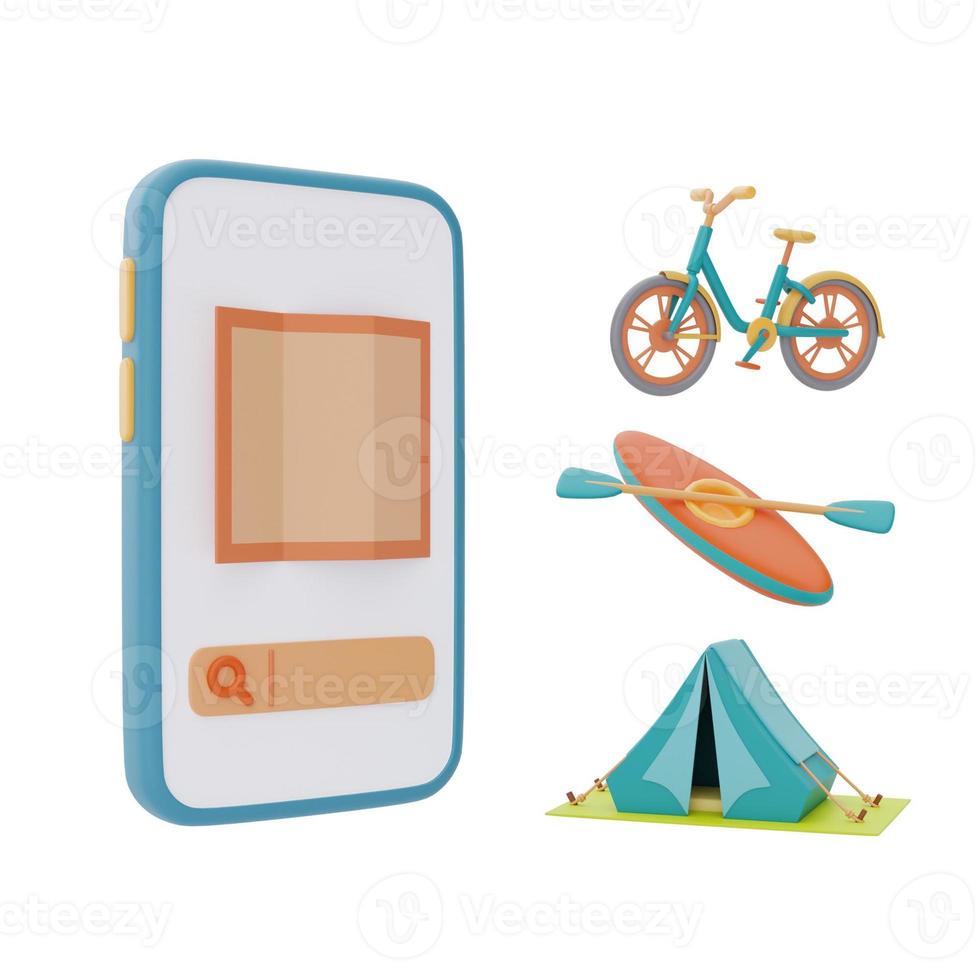 map on screen smartphone with kayak,camping tent and bicycle,summer camp concept,3d rendering. photo