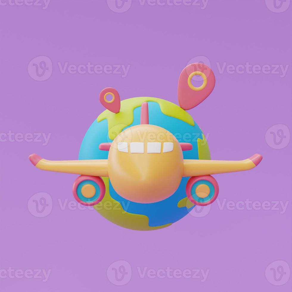 Airplane flying around the world with location pin,Tourism and travel plan to trip concept,holiday vacation,Time to travel,3d rendering photo