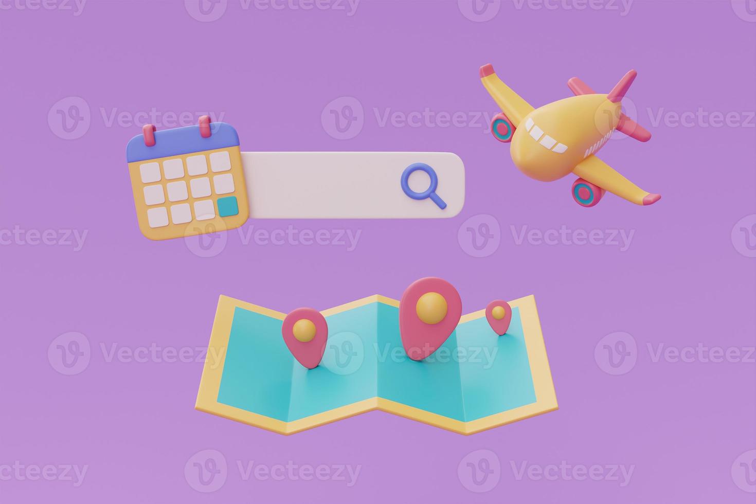 Booking airline tickets online with search bar and yellow airplane,map,calendar,Tourism and travel,time to travel,holiday vacation,3d rendering photo