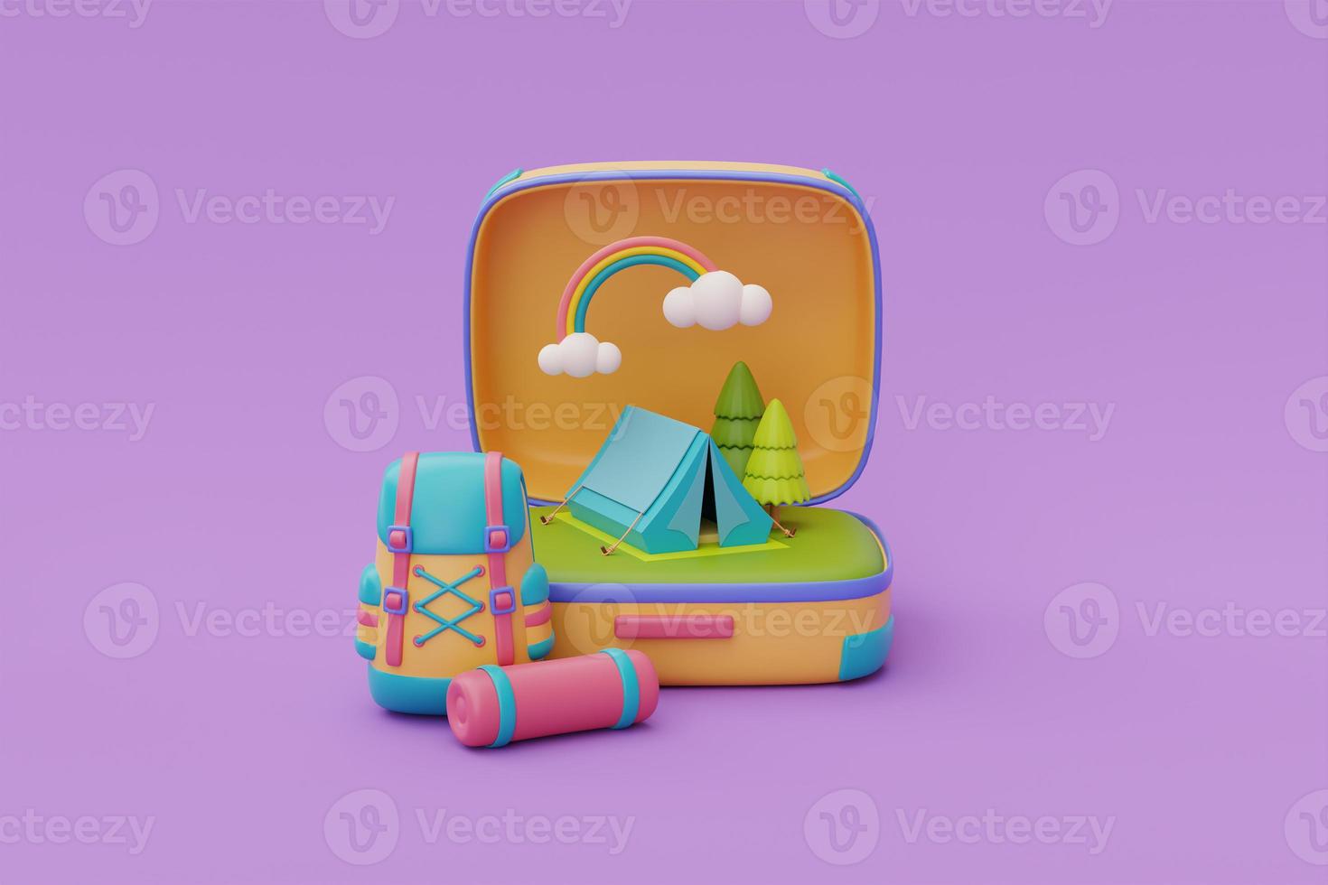 Opened yellow suitcase with backpack and camping element.Tourism and travel plan to trip,Time to travel,summer camp, holiday vacation,3d rendering photo