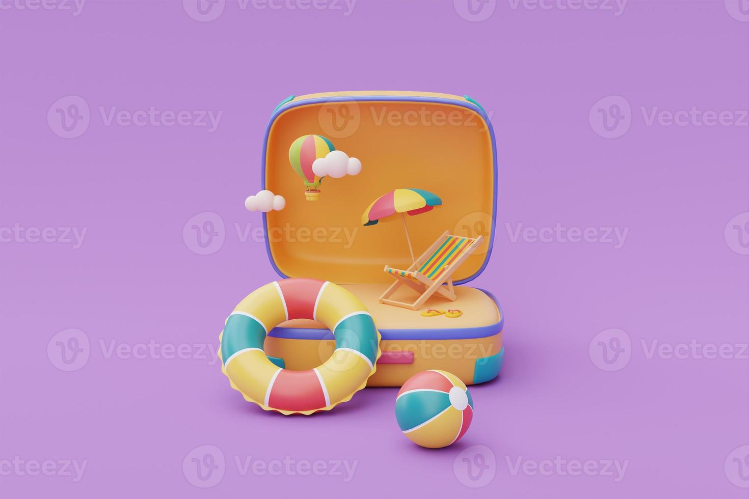 Opened yellow suitcase with summer beach element.Tourism and travel plan to trip,Time to travel,summer holiday vacation,3d rendering photo