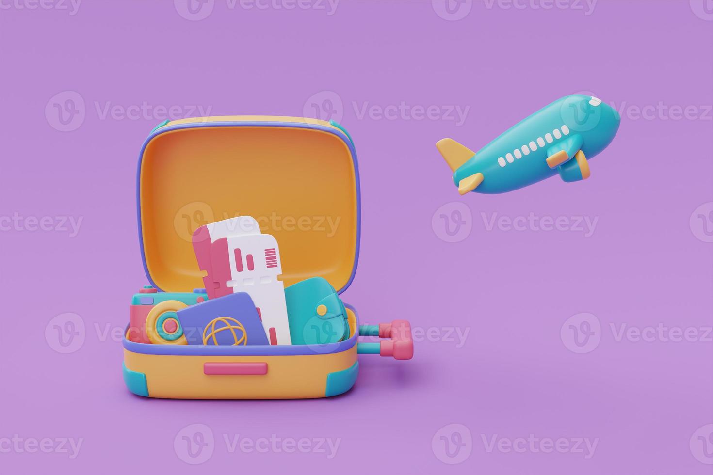 Opened yellow suitcase with travel items,camera,passport,tickets and airplane.Tourism and travel plan to trip,Time to travel, holiday vacation,3d rendering photo