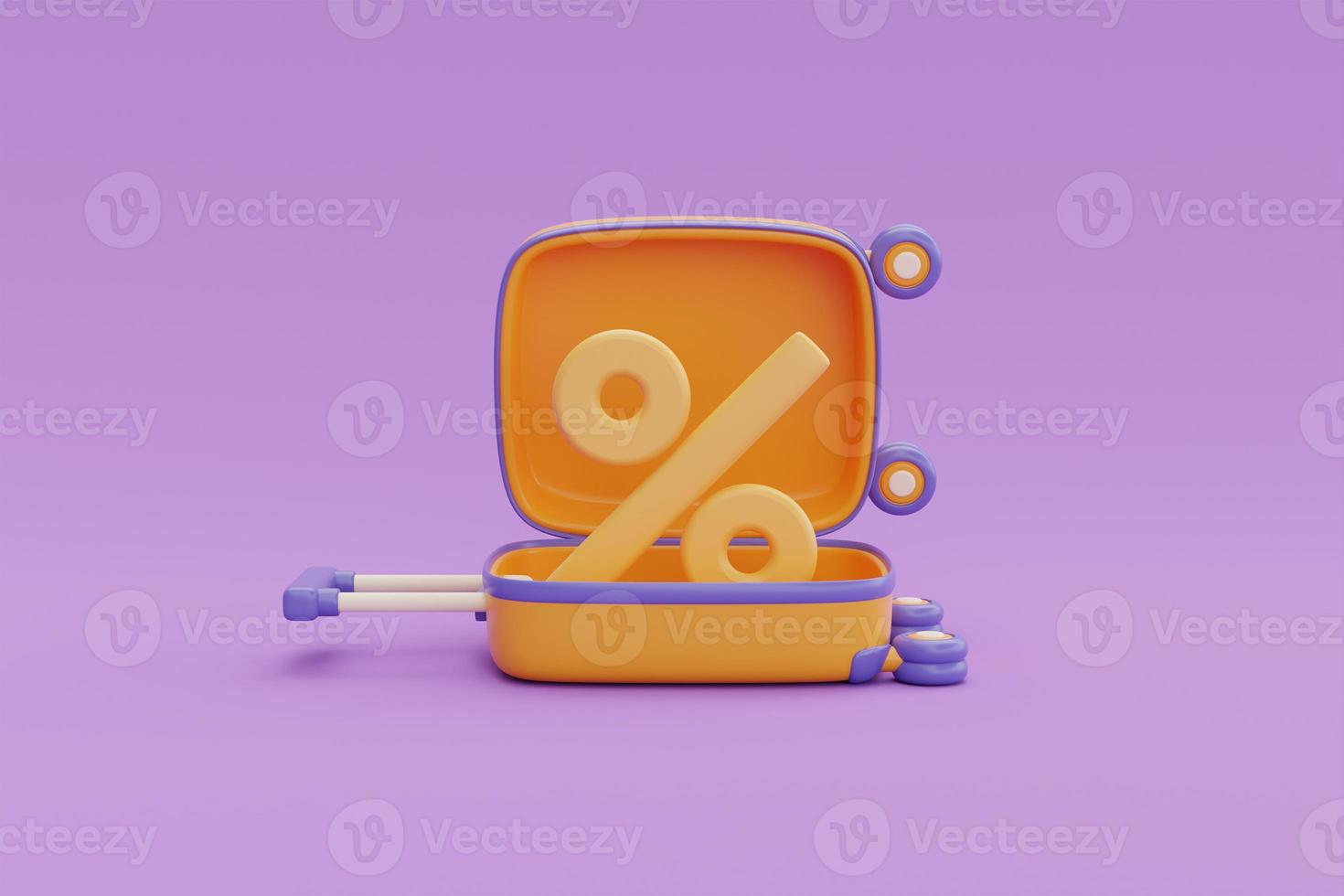 Opened yellow suitcase on purple background,sales and discounts of airline tickets,holiday vacation,Time to travel,3d rendering photo