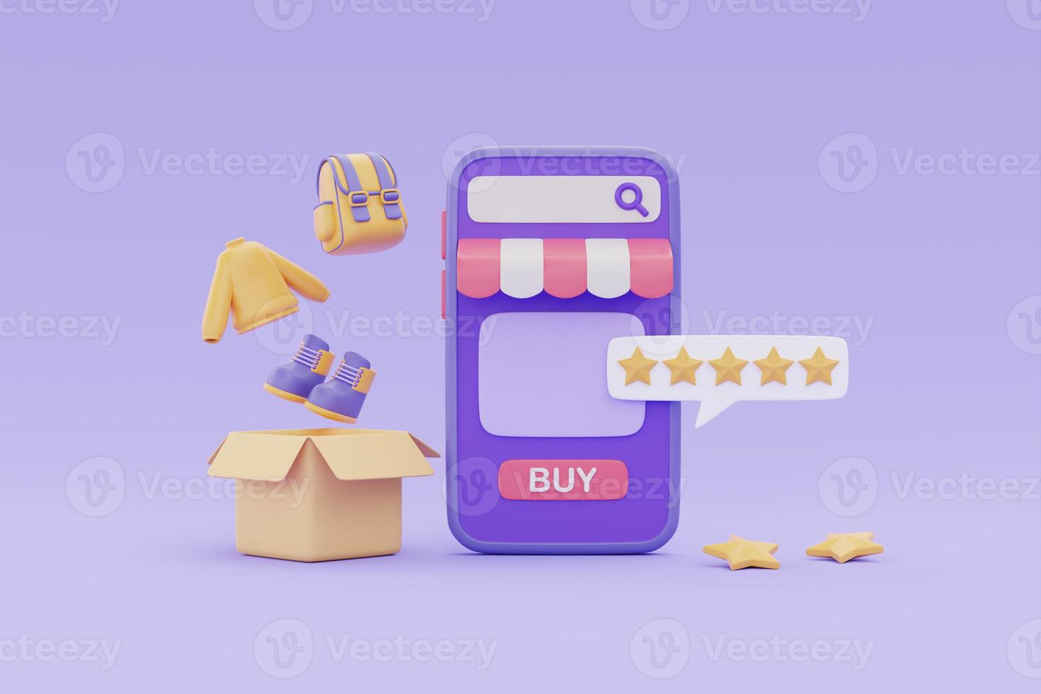 Online shopping customer satisfaction concept with shopping box and five star rate review symbol on purple background, 3d rendering. photo