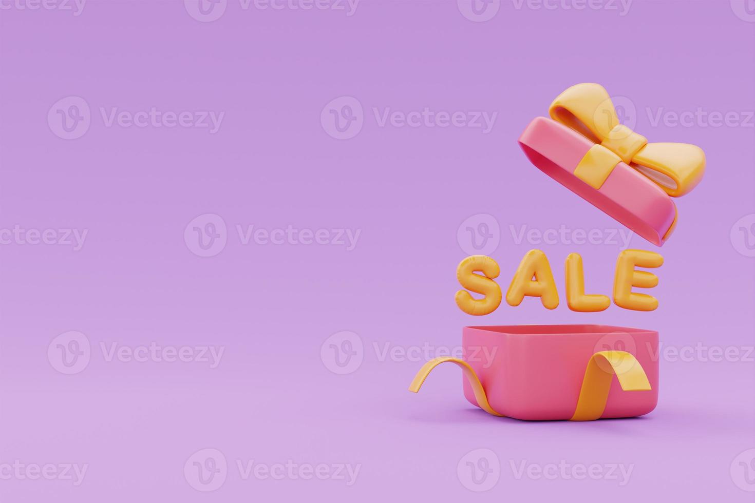 opened 3d gift box and SALE word floating with copy space on purple background, 3d rendering. photo