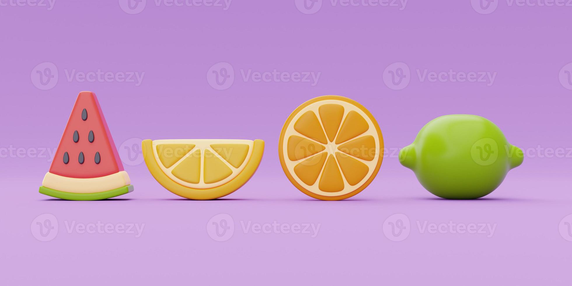 colorful summer fruits with watermelon, lemon, orange on purple background, Summer time concept, 3d rendering. photo