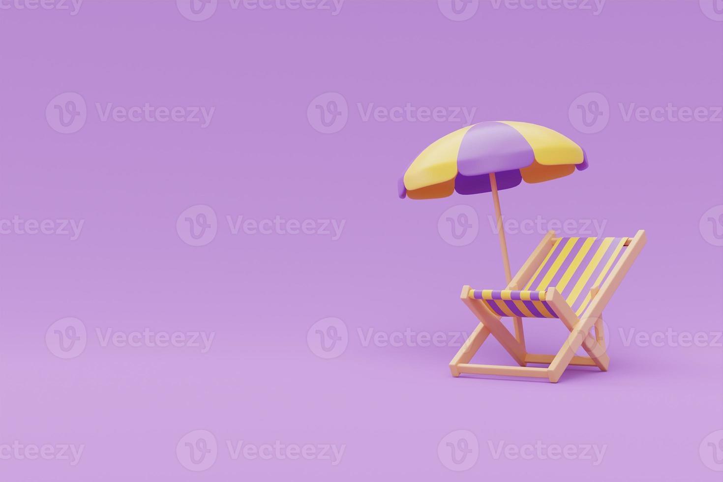 Summer time concept with beach chair and beach umbrella on purple background, 3d rendering. photo
