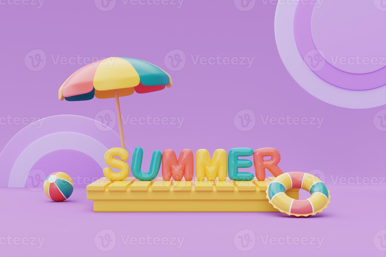 summer display with colorful summer beach elements on purple background, 3d rendering. photo