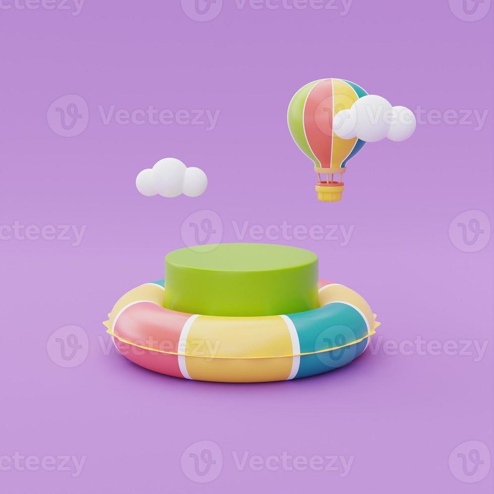 Colorful inflatable ring and display with colorful hot air ballon floating on purple background, Summer time concept, 3d rendering. photo
