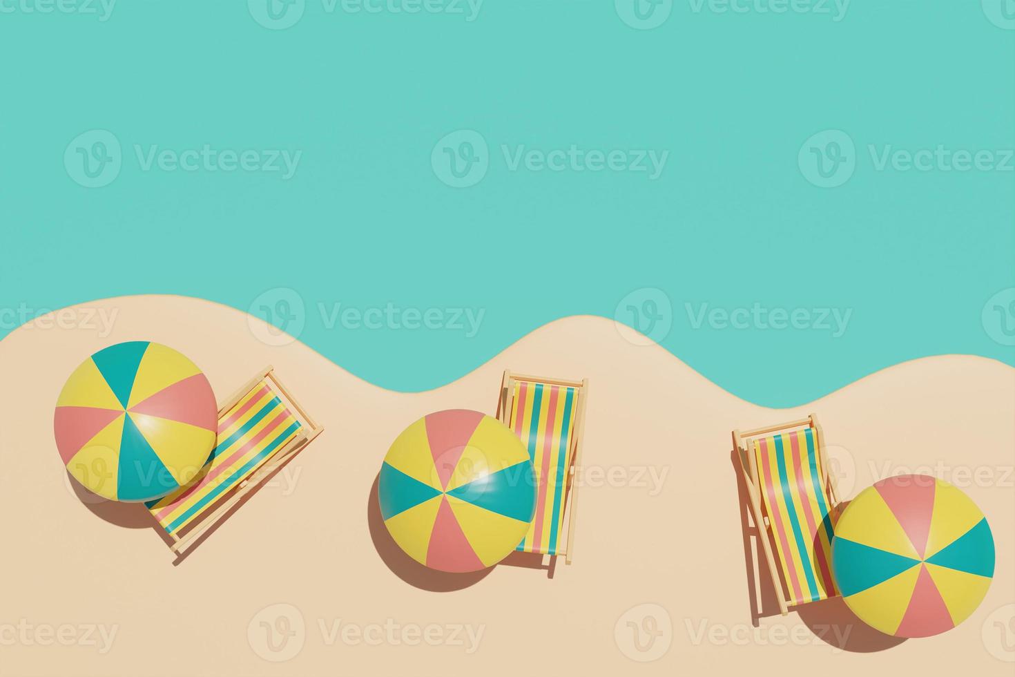 Summer time concept with beach chair,umbrella and colorful summer beach elements, 3d rendering. photo