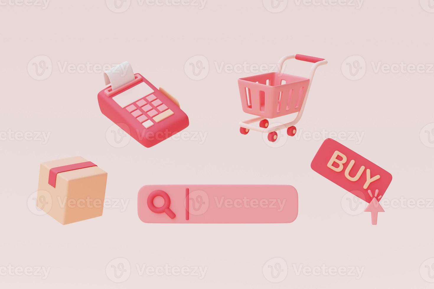 3D search bar with shopping cart,cash register and parcel box on pastel background,Online shopping,valentine's day sale concept ,digital marketing.3d rendering . photo