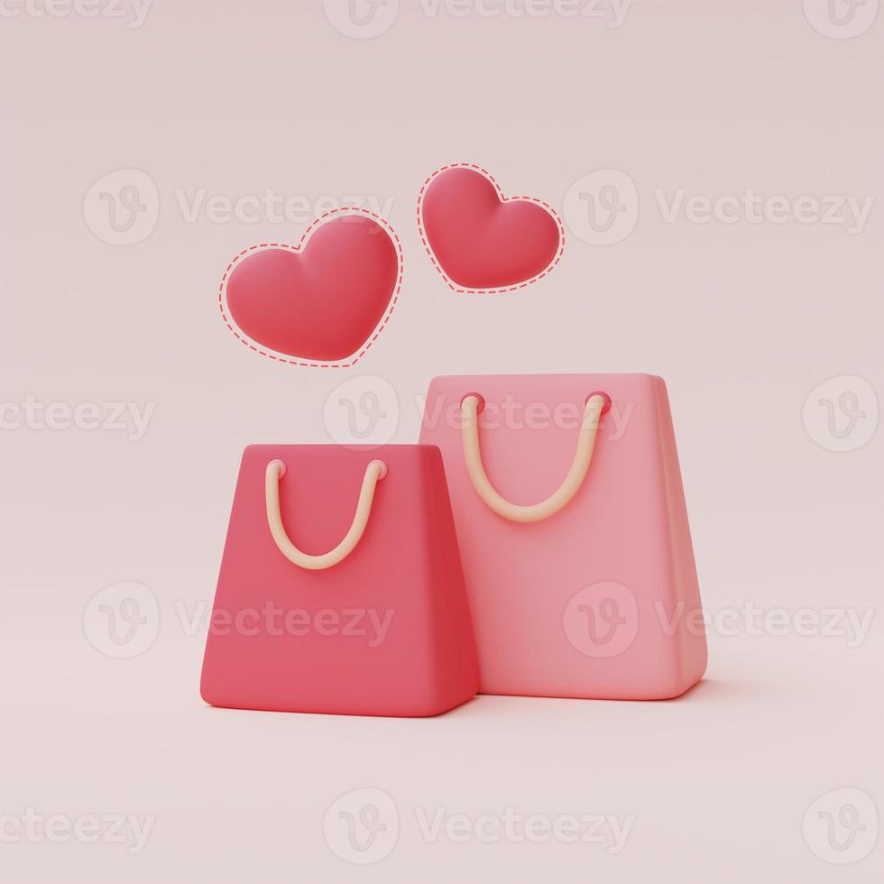 Render 3d de bolsa de compras rosa con flotador de hart aislado sobre fondo pastel, concepto de venta del día de san valentín, estilo minimalista. foto