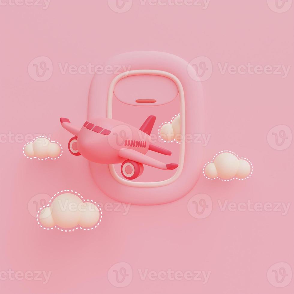 3d render of pink airplane window with plane in the sky,Tourism and travel concept,holiday vacation.minimal style. photo