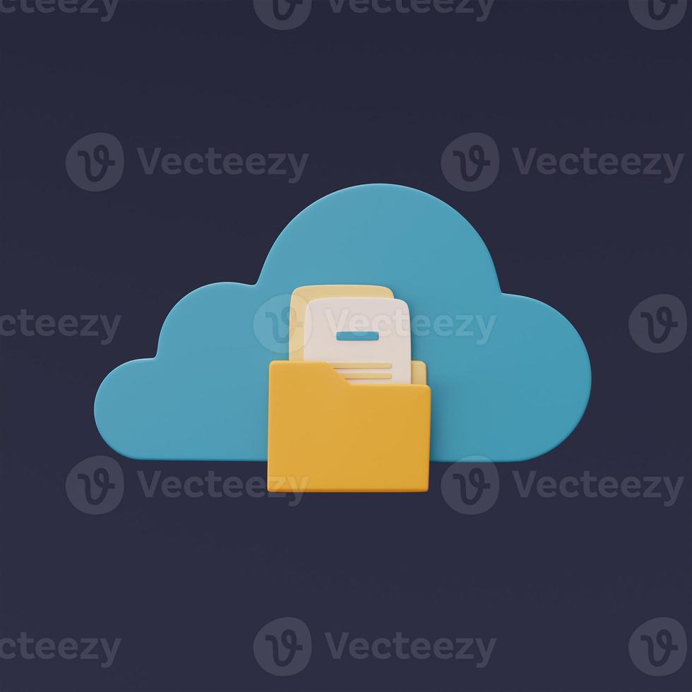 3d render of blue cloud symbol with document in folder icon isolated on dark background,Cloud storage technology,minimal style. photo