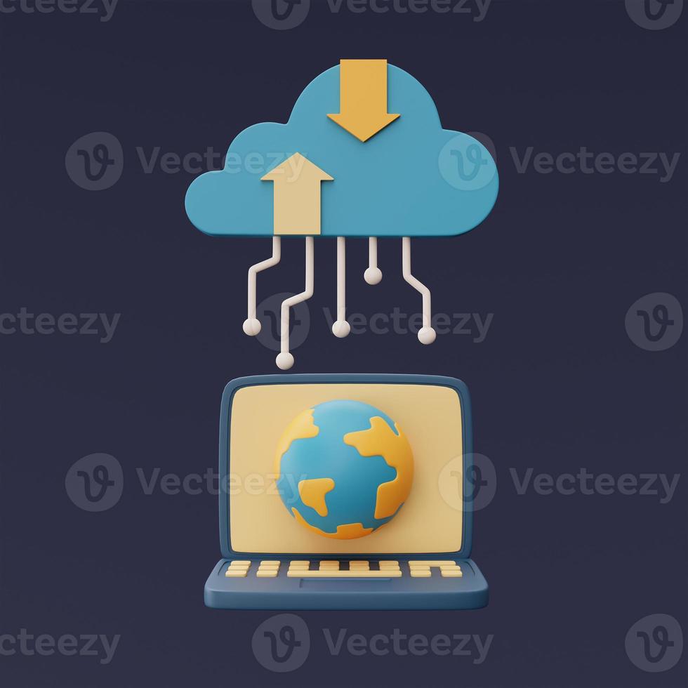 Cloud storage technology concept with blue cloud symbol and earth globe on computer,online database,transfer data information,minimal style.3d rendering. photo