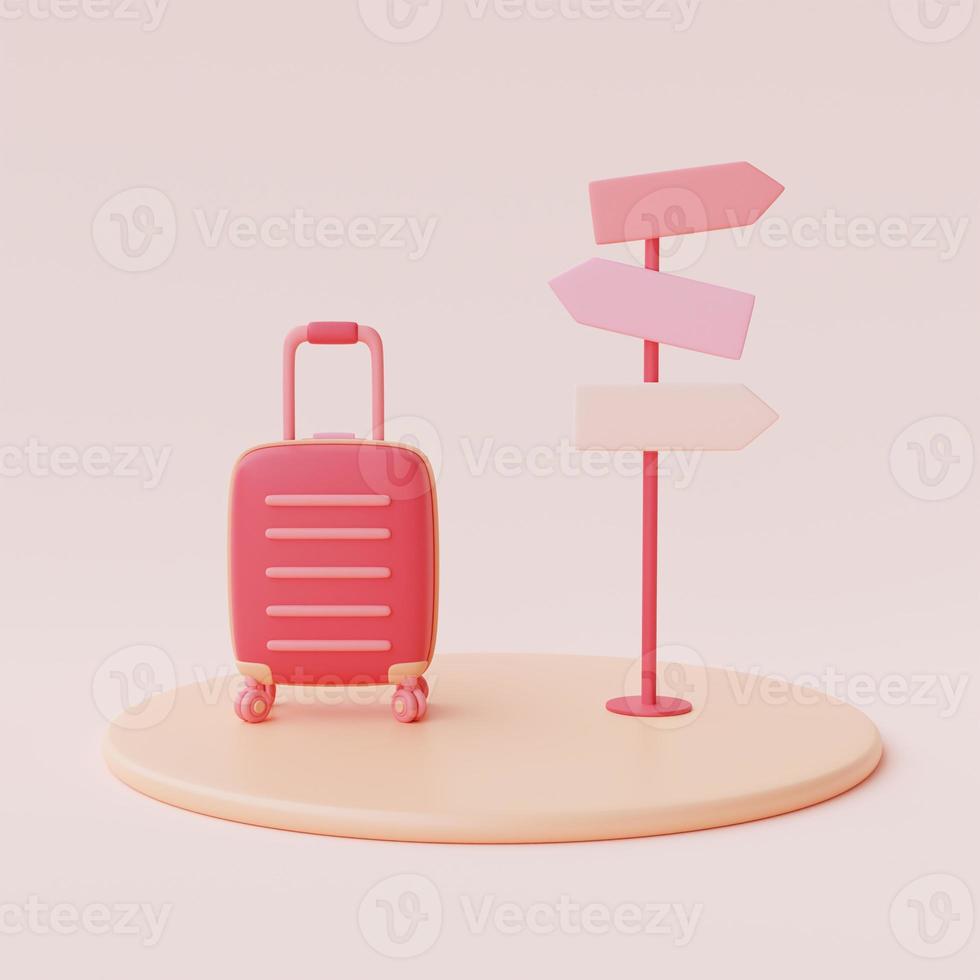 conjunto de maletas rosas con cartel aislado sobre fondo pastel, concepto de venta de san valentín, turismo y viajes, estilo minimalista. representación 3d. foto