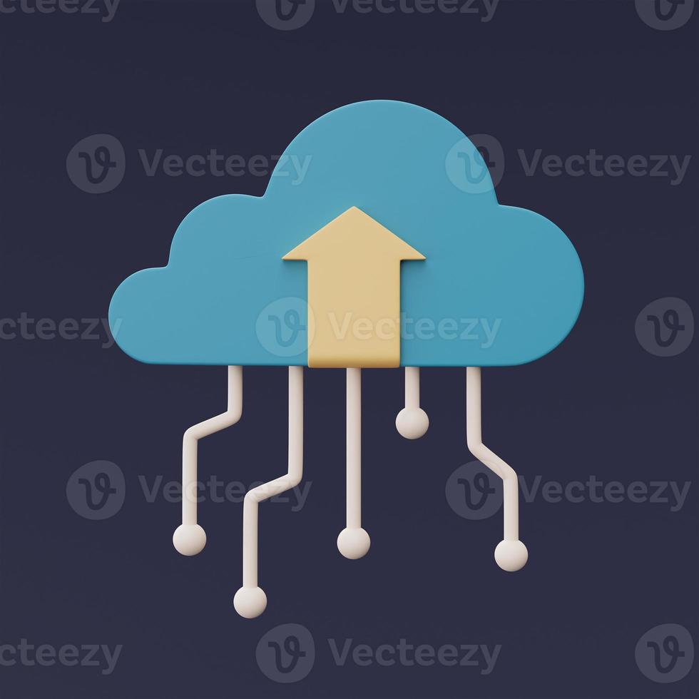 3d render of blue cloud symbol with arrow line isolated on dark background,Cloud storage technology,transfer data information,minimal style. photo