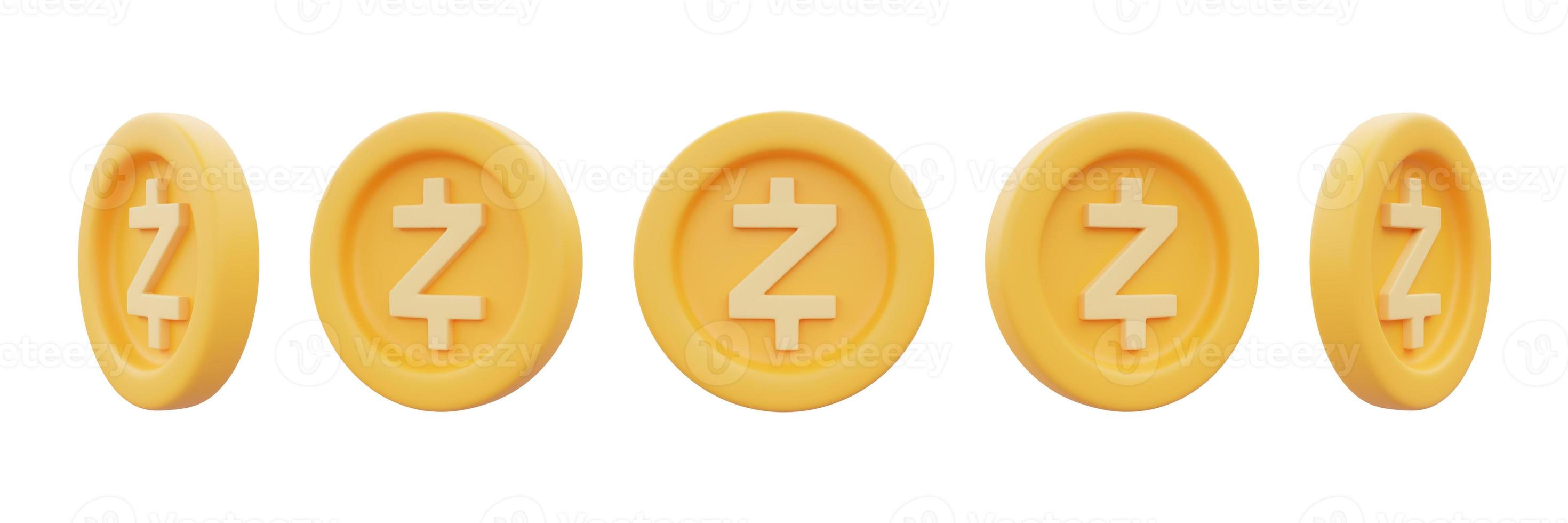 Set of golden Zcash coins isolated on white background,cryptocurrency,blockchain technology,minimal style.3d rendering. photo