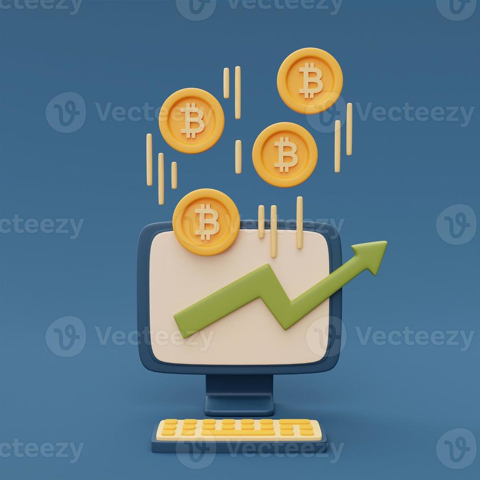 bitcoin rate increase statistic on computer desktop screen with green arrow and gold coin ,Cryptocurrency,online trading data concept,minimal style,3d rendering. photo