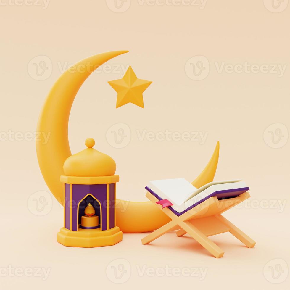 3d ramadan greetings with lantern and crescent moon ,Islamic holiday, Raya Hari, Eid al Adha, 3d rendering. photo