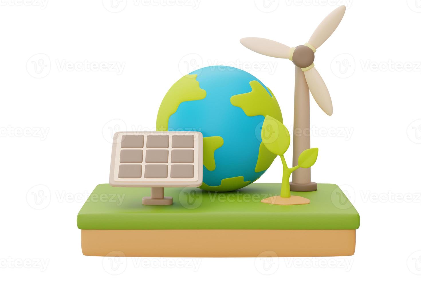 Alternative source of electricity concept with World globe,solar panels,wind turbine and Seedling,eco friendly,clean energy,3d rendering. photo