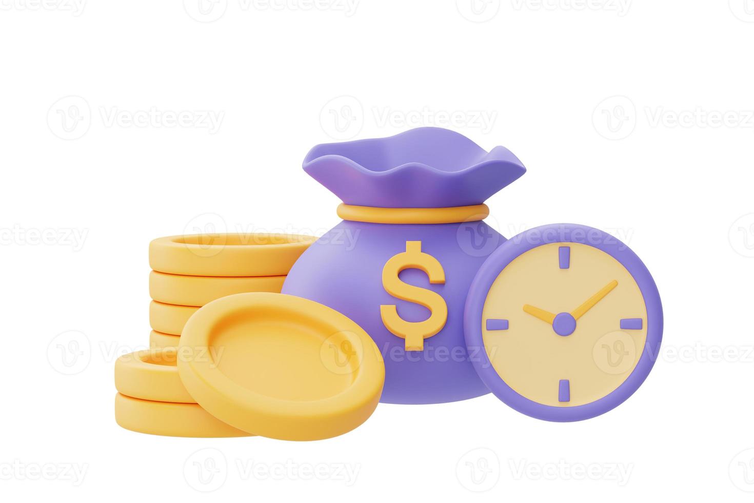 Time value of money concept with clock and coin stacks,time management,long term investment,payment deadline,3d rendering. photo