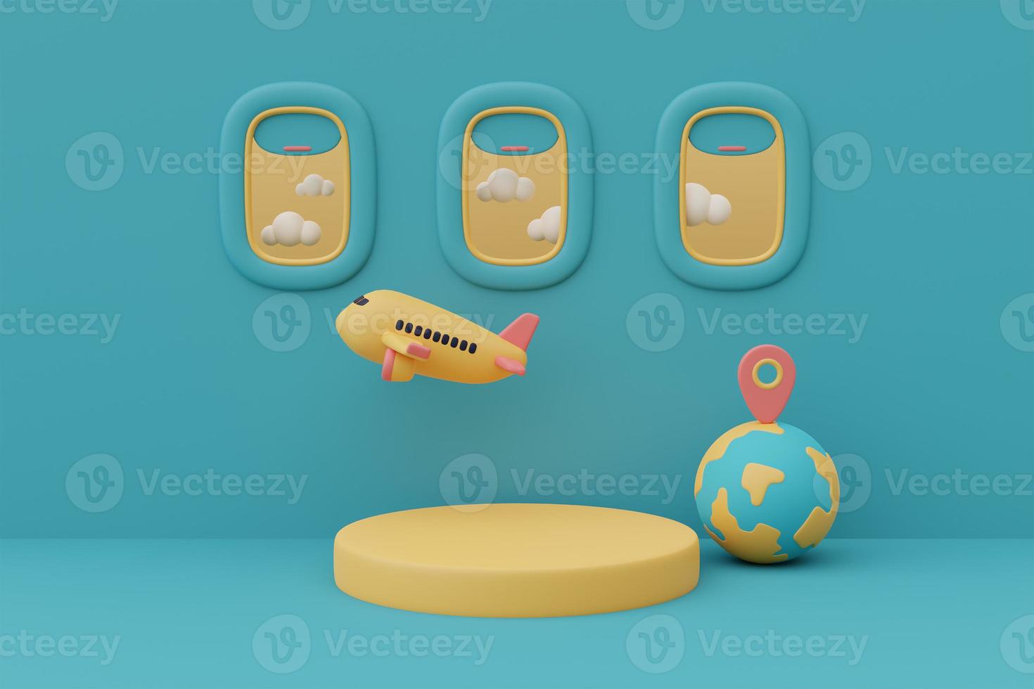3d render of airplane window scene with empty podium stage surrounded by traveler accessories for showing or presentation,minimal style. photo