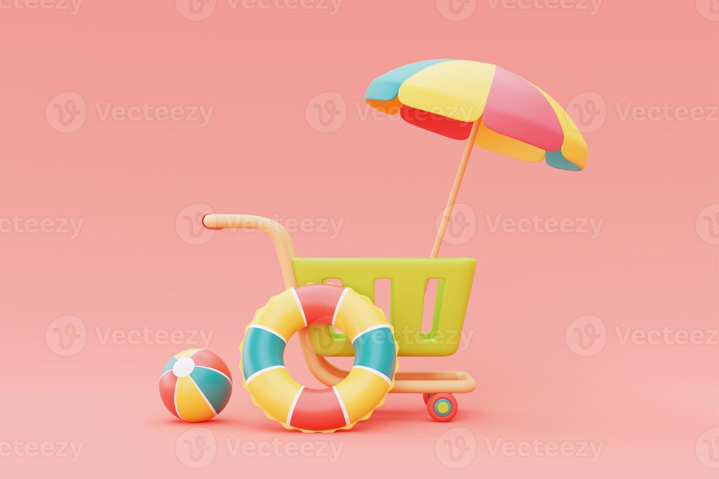 summer sale with colorful summer beach elements and shopping cart,3d rendering. photo
