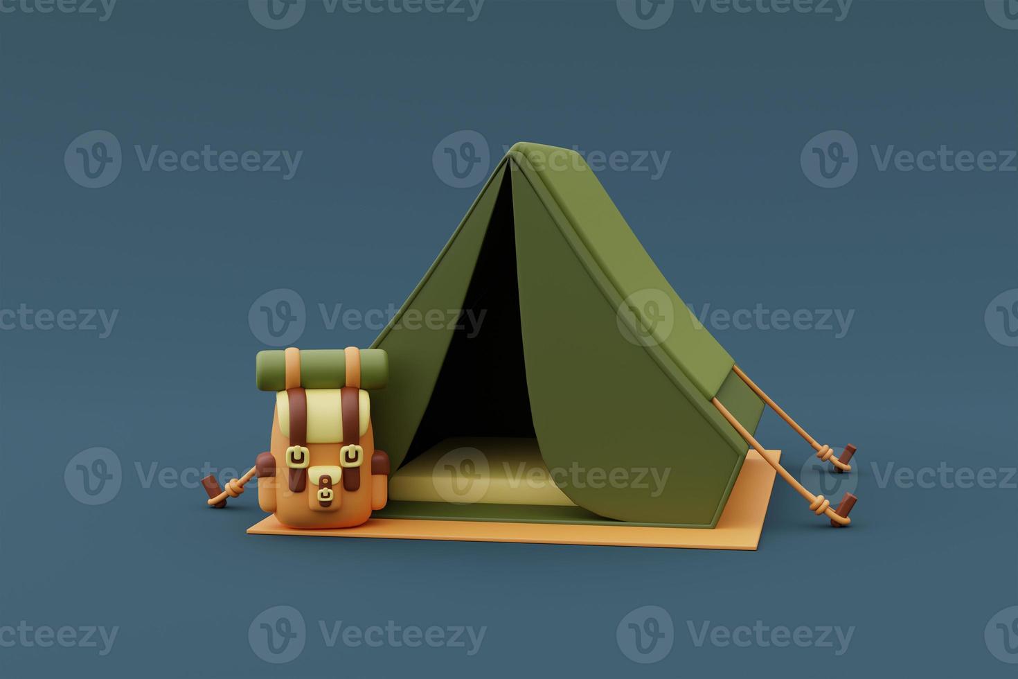 camping tent with backpack isolated on blue background for Summer camp,holiday vacation concept.minimal style.3d rendering. photo
