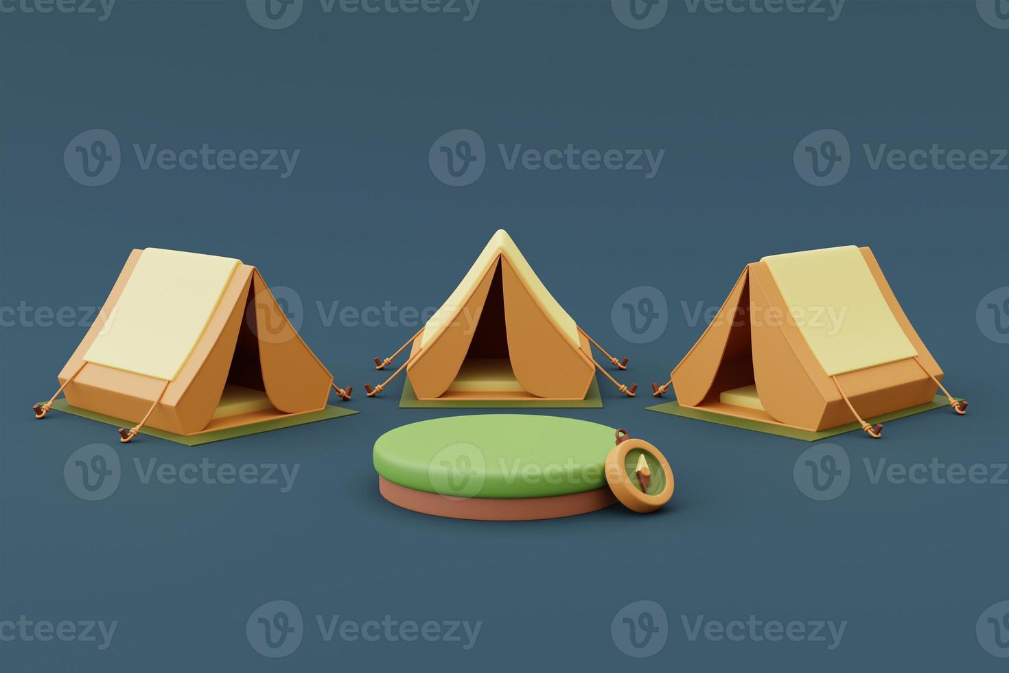 Campsite with empty product podium surrounded by camping tents on blue background,holiday vacation concept .minimal style.3d rendering. photo