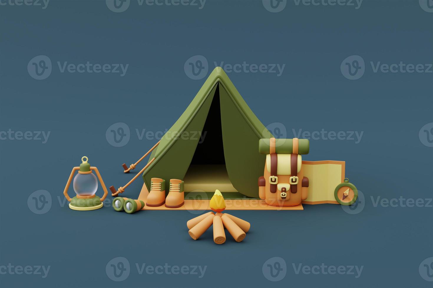 Camping equipment with baggage,map,lantern,hiking shoes,binoculars and bonfire outside tent on camping site,holiday vacation concept.minimal style.3d rendering. photo