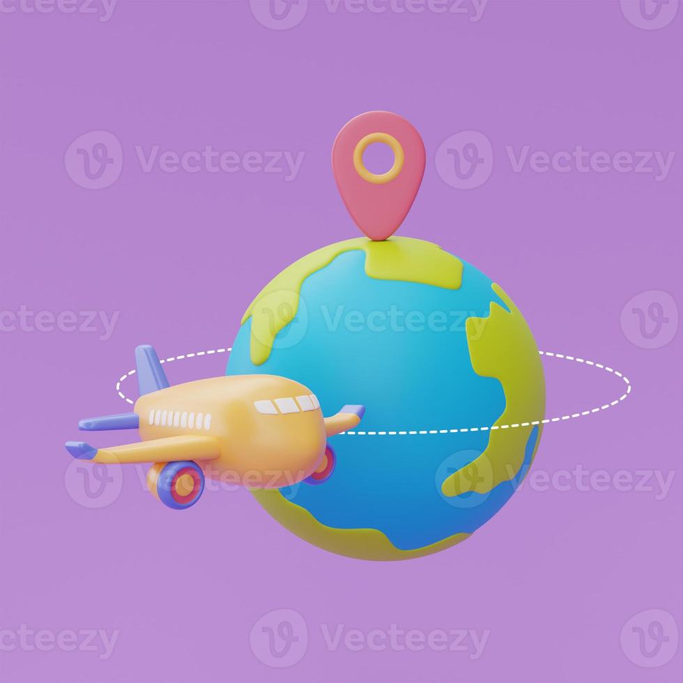 Airplane flying around the world with location pin,Tourism and travel plan to trip concept,holiday vacation,Time to travel,3d rendering photo