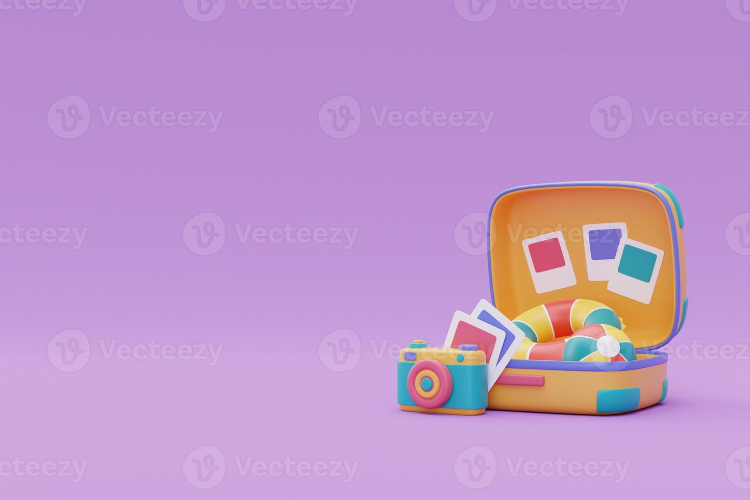 Opened yellow suitcase with camera,photo frame and summer beach elements.Tourism and travel plan to trip,Time to travel,summer holiday vacation,3d rendering photo
