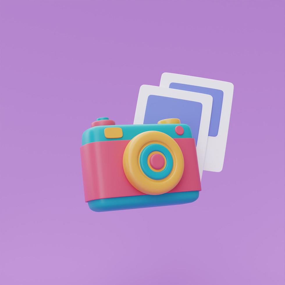 Marco de fotos 3d con cámara colorida sobre fondo morado, turismo y plan de viaje para el concepto de viaje, vacaciones, tiempo para viajar, representación 3d